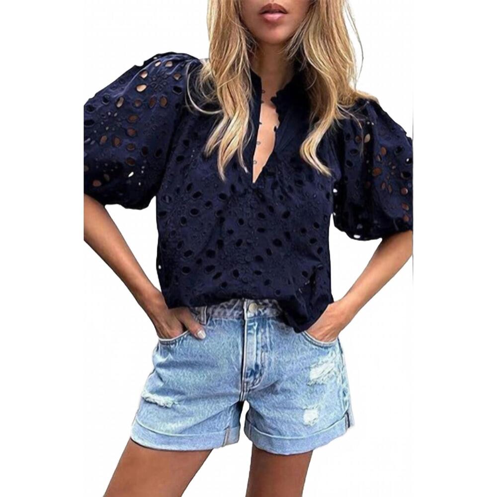 NEW DE VAVE molly hollow out lantern sleeve top in navy